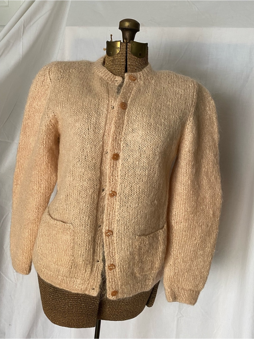 Vintage Hand-knit Wool Peach Button-Up Cardigan